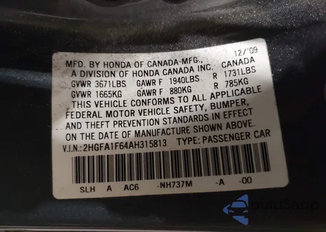 2010 Honda Civic Lx-S from USA, damaged, VIN 2HGFA1F64AH315813